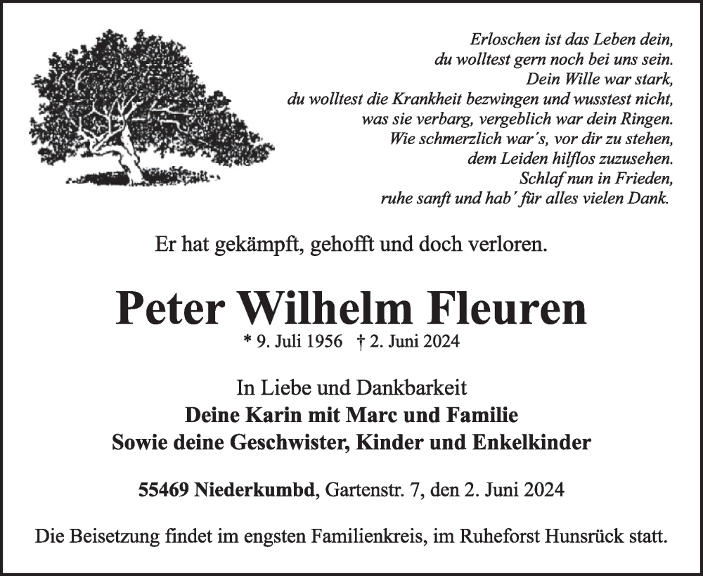  Traueranzeige für Peter Wilhelm Fleuren vom 22.06.2024 aus WochenSpiegel