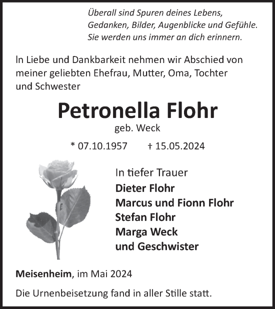 Traueranzeige von Petronella Flohr von WochenSpiegel
