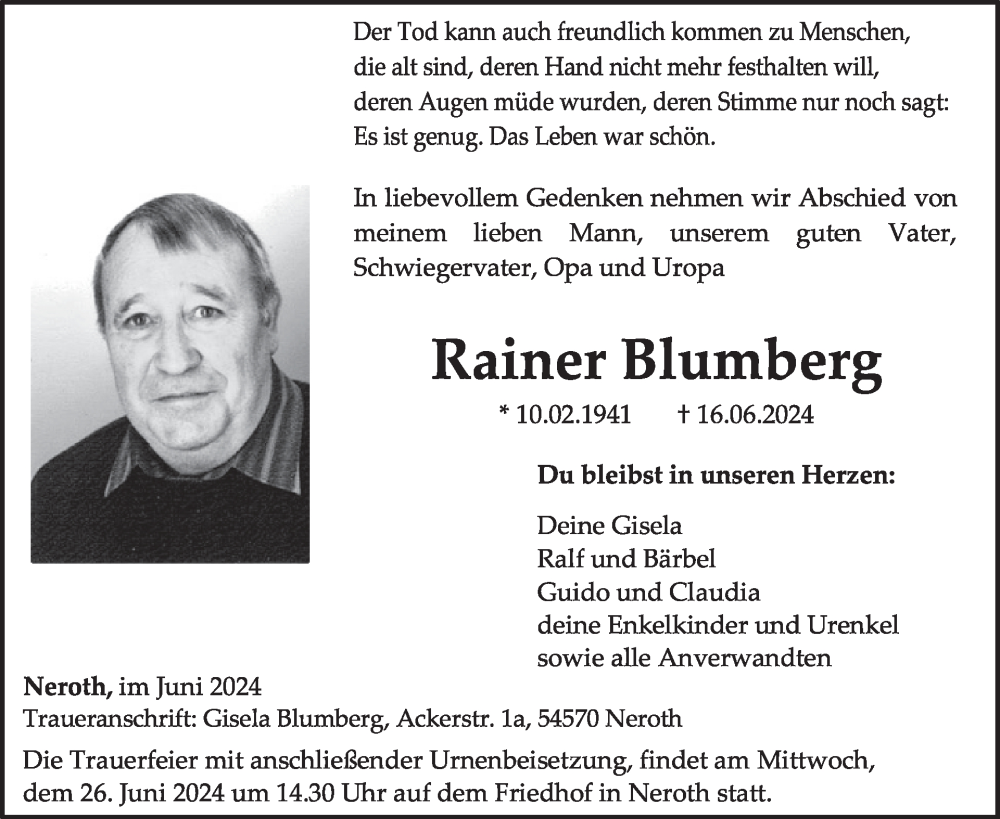 Traueranzeige für Rainer Blumberg vom 22.06.2024 aus WochenSpiegel