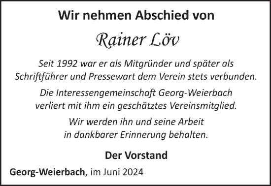Traueranzeige von Rainer Löv von WochenSpiegel