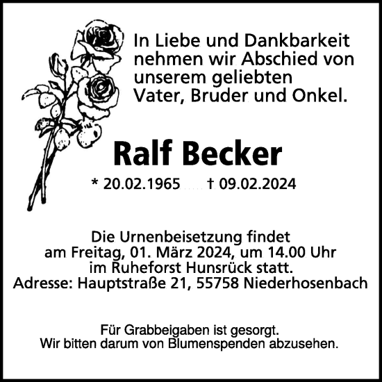 Traueranzeige von Ralf Becker von WochenSpiegel