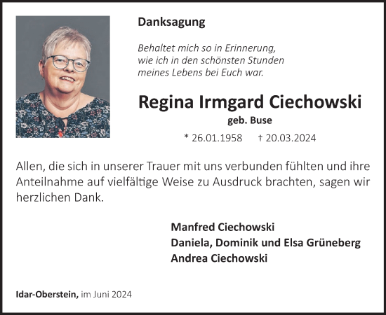 Traueranzeige von Regina Irmgard Ciechowski von WochenSpiegel