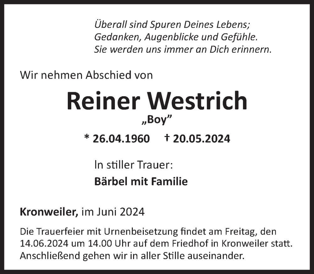  Traueranzeige für Reiner Westrich vom 08.06.2024 aus WochenSpiegel