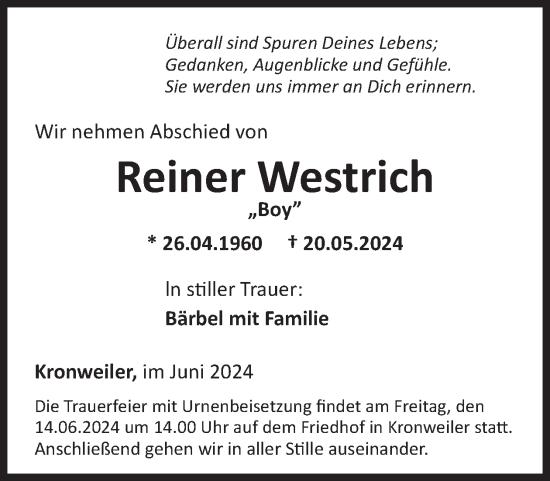 Traueranzeige von Reiner Westrich von WochenSpiegel