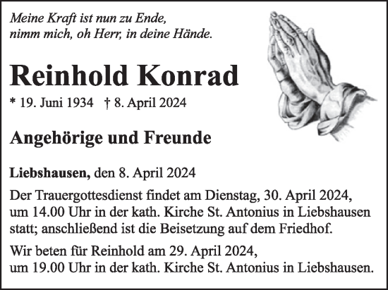 Traueranzeige von Reinhold Konrad von WochenSpiegel