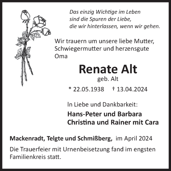 Traueranzeige von Renate Alt von WochenSpiegel