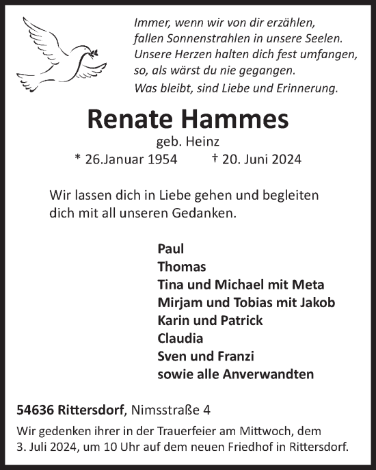 Traueranzeige von Renate Hammes von WochenSpiegel