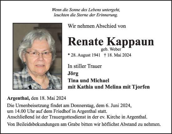 Traueranzeige von Renate Kappaun von WochenSpiegel