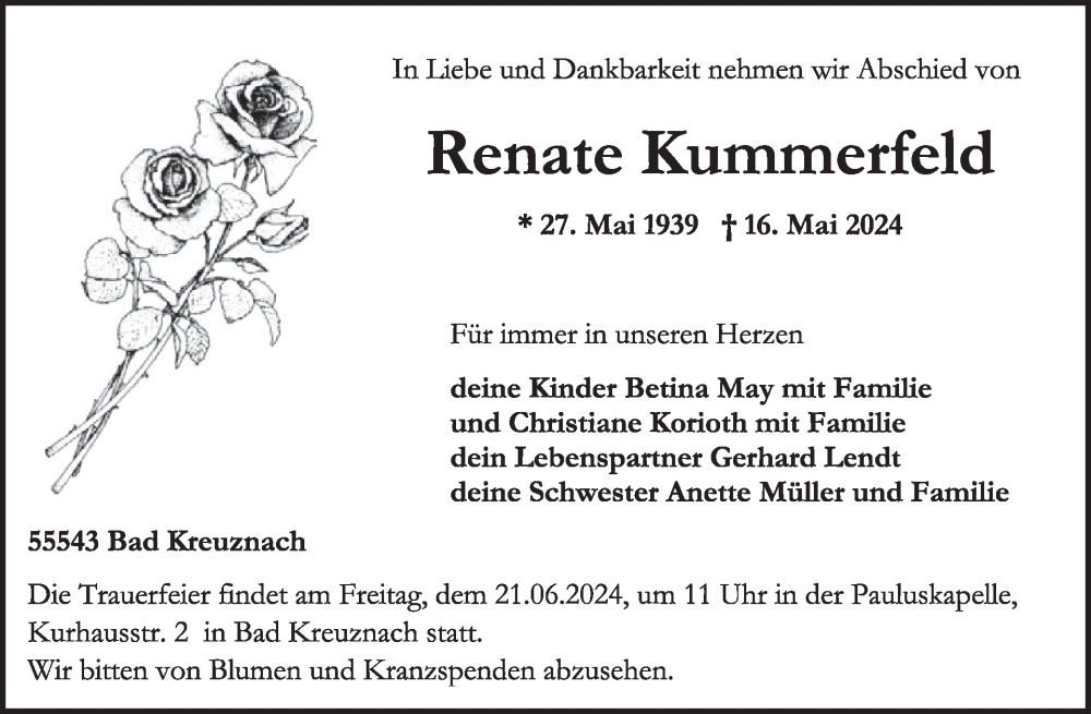  Traueranzeige für Renate Kummerfeld vom 15.06.2024 aus WochenSpiegel