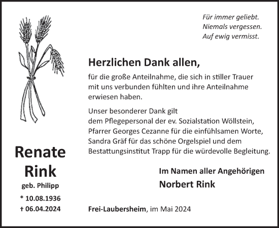 Traueranzeige von Renate Rink von WochenSpiegel