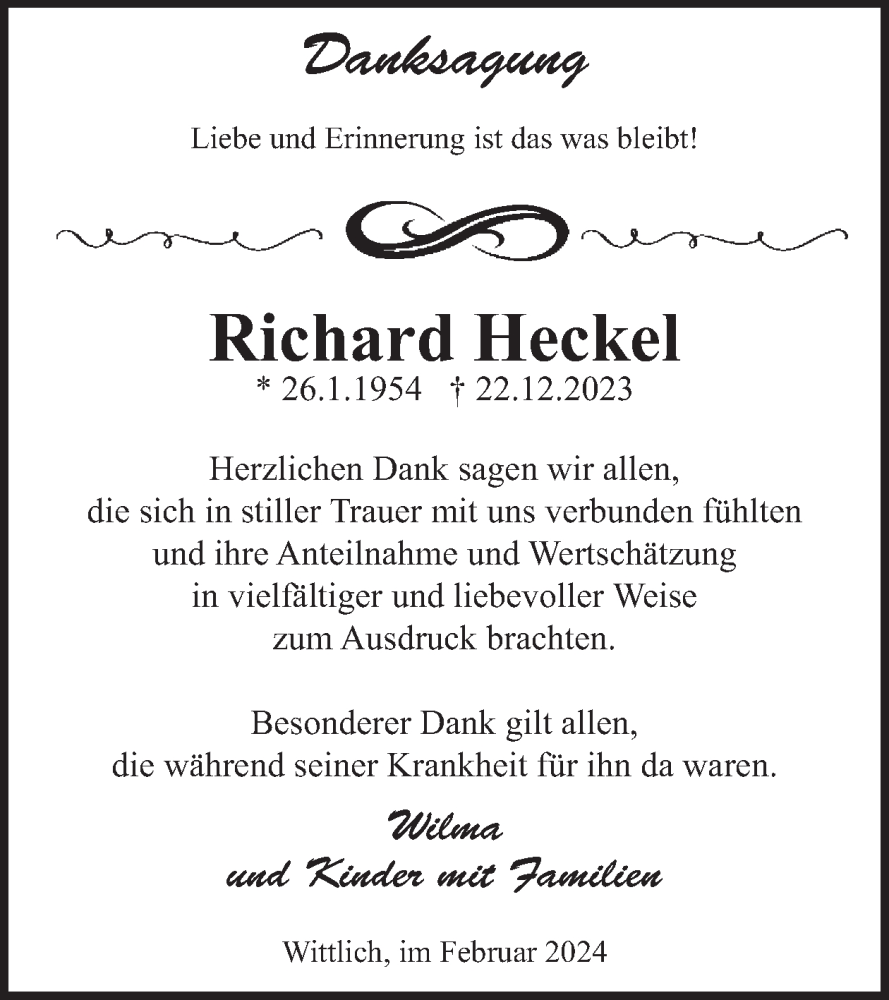  Traueranzeige für Richard Heckel vom 02.02.2024 aus WochenSpiegel