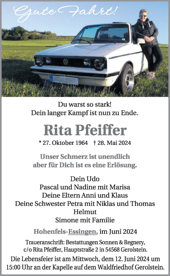 Traueranzeige von Rita Pfeiffer von WochenSpiegel