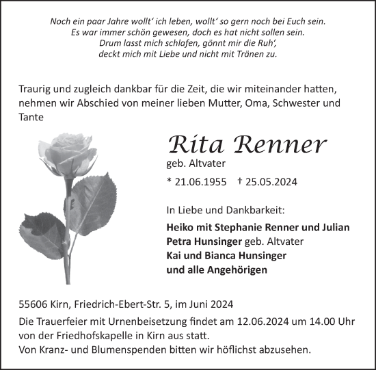 Traueranzeige von Rita Renner von WochenSpiegel