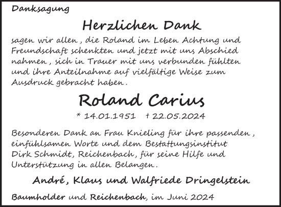 Traueranzeige von Roland Carius von WochenSpiegel