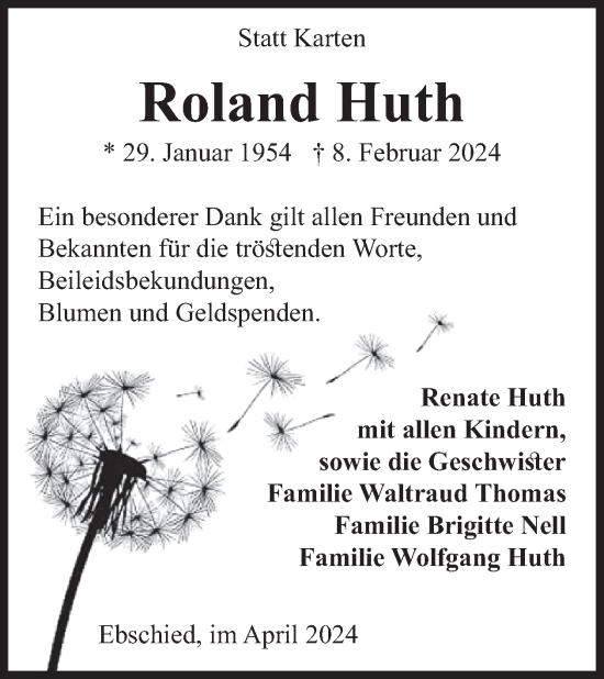 Traueranzeige von Roland Huth von WochenSpiegel