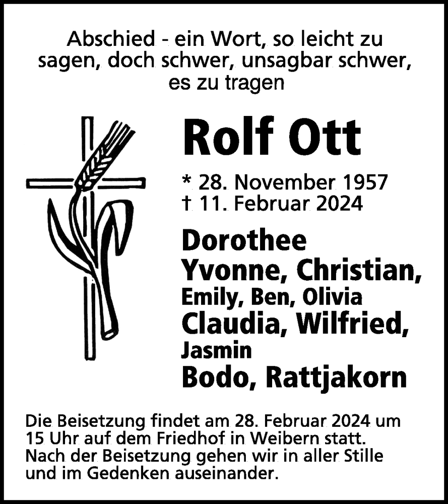  Traueranzeige für Rolf Ott vom 21.02.2024 aus WochenSpiegel