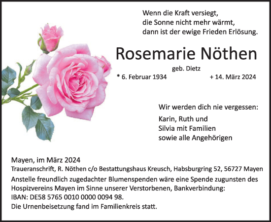Traueranzeige von Rosemarie Nöthen von WochenSpiegel