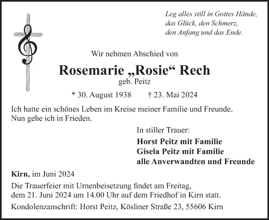 Traueranzeige von Rosemarie  Rech von WochenSpiegel