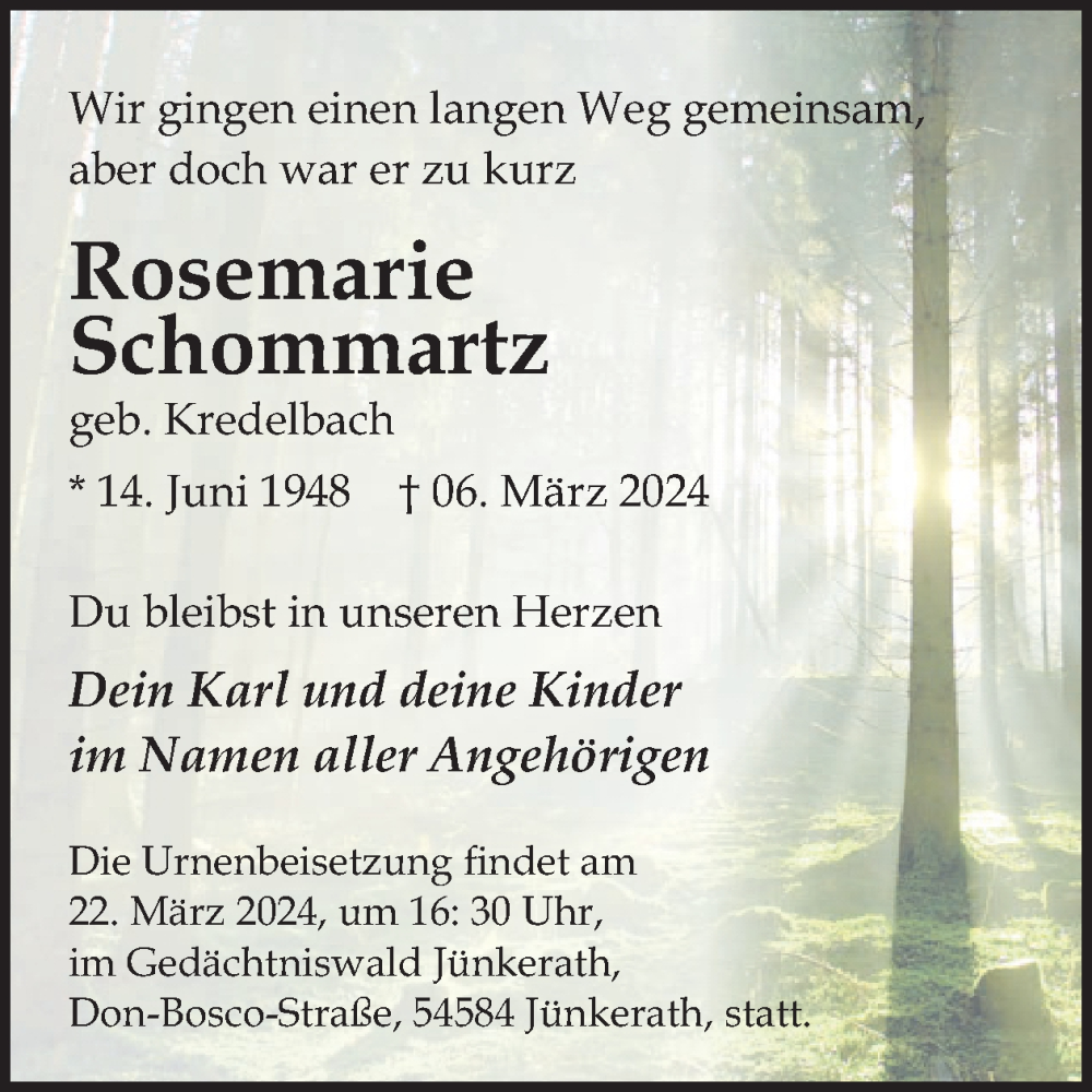  Traueranzeige für Rosemarie Schommartz vom 20.03.2024 aus WochenSpiegel