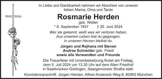 Traueranzeige von Rosmarie Herden von WochenSpiegel