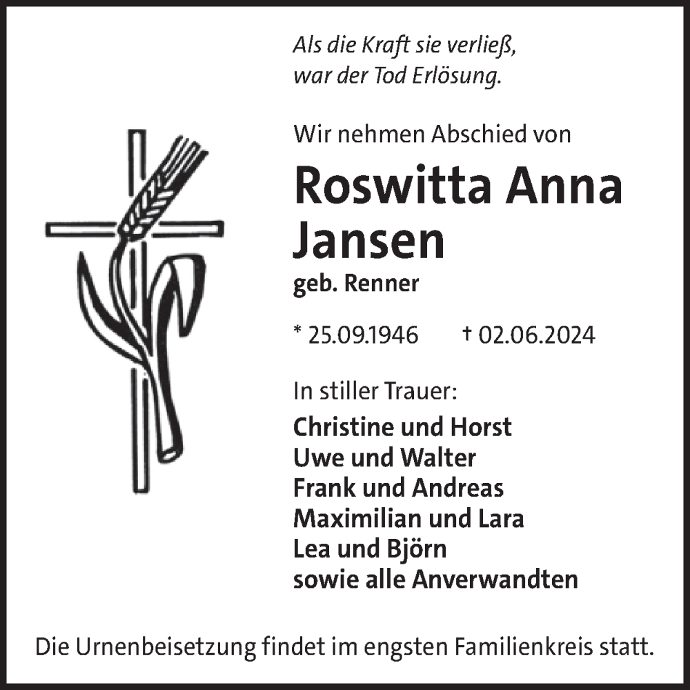  Traueranzeige für Roswitta Anna Jansen vom 15.06.2024 aus WochenSpiegel