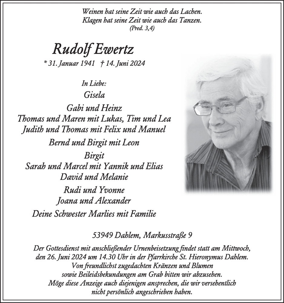 Traueranzeige für Rudolf Ewertz vom 19.06.2024 aus WochenSpiegel