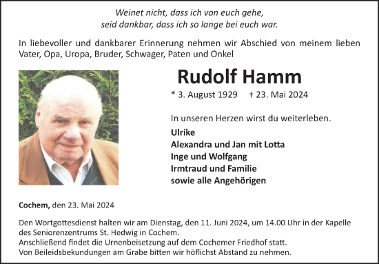 Traueranzeige von Rudolf Hamm von WochenSpiegel