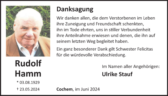 Traueranzeige von Rudolf Hamm von WochenSpiegel