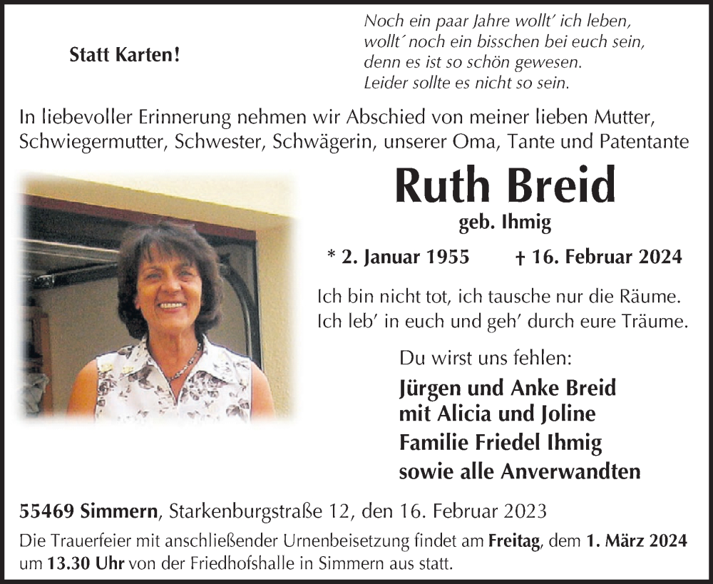  Traueranzeige für Ruth Breid vom 24.02.2024 aus WochenSpiegel