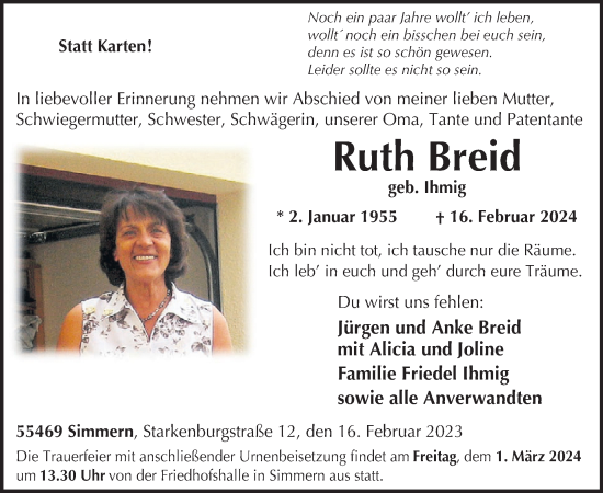 Traueranzeige von Ruth Breid von WochenSpiegel