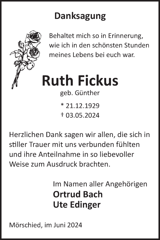 Traueranzeige von Ruth Fickus von WochenSpiegel