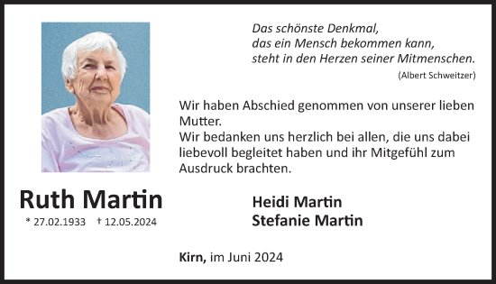 Traueranzeige von Ruth Martin von WochenSpiegel