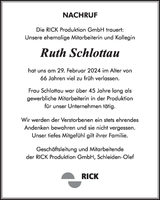Traueranzeige von Ruth Schlottau von WochenSpiegel