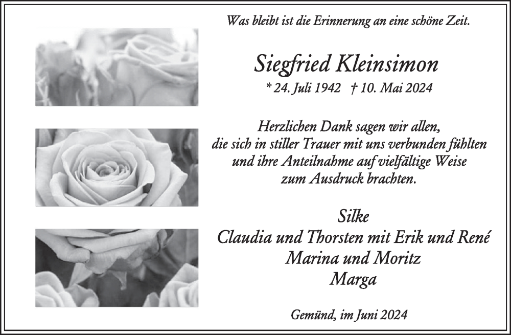  Traueranzeige für Siegfried Kleinsimon vom 05.06.2024 aus WochenSpiegel