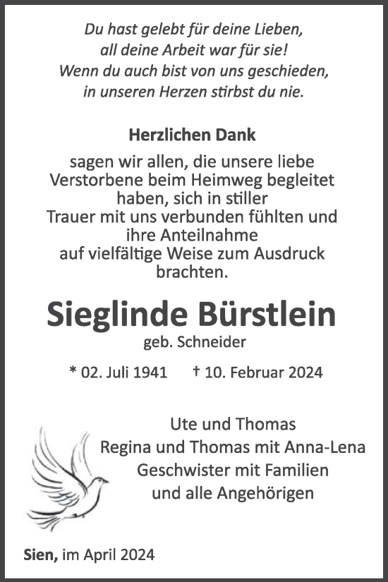 Traueranzeige von Sieglinde Bürstlein von WochenSpiegel