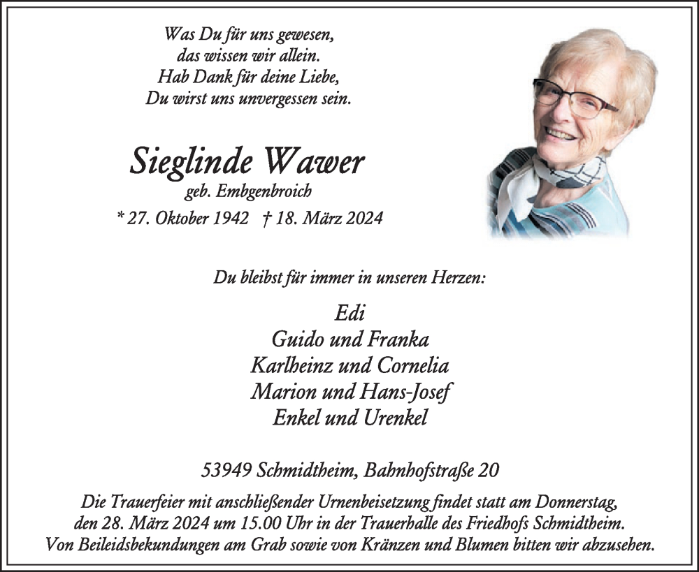  Traueranzeige für Sieglinde Wawer vom 27.03.2024 aus WochenSpiegel