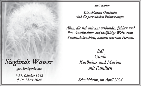 Traueranzeige von Sieglinde Wawer von WochenSpiegel