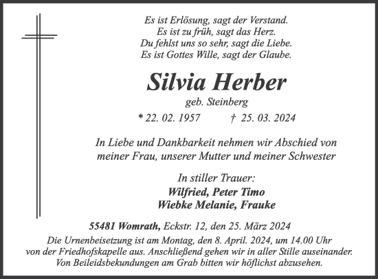 Traueranzeige von Silvia Herber von WochenSpiegel