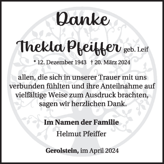 Traueranzeige von Thekla Pfeiffer von WochenSpiegel
