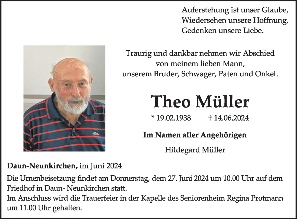  Traueranzeige für Theo Müller vom 22.06.2024 aus WochenSpiegel
