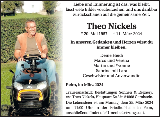 Traueranzeige von Theo Nickels von WochenSpiegel