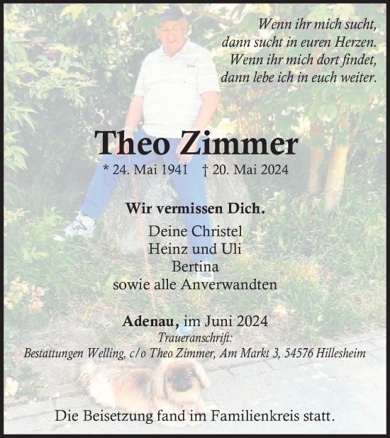 Traueranzeige von Theo Zimmer von WochenSpiegel
