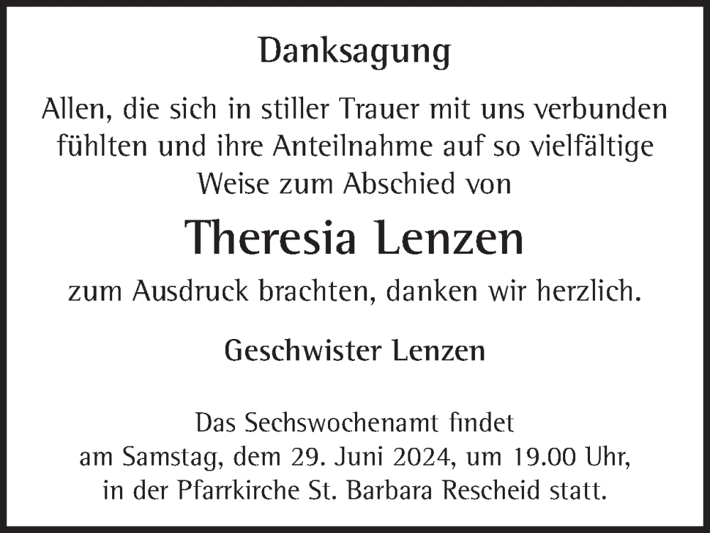  Traueranzeige für Theresia Lenzen vom 05.06.2024 aus WochenSpiegel