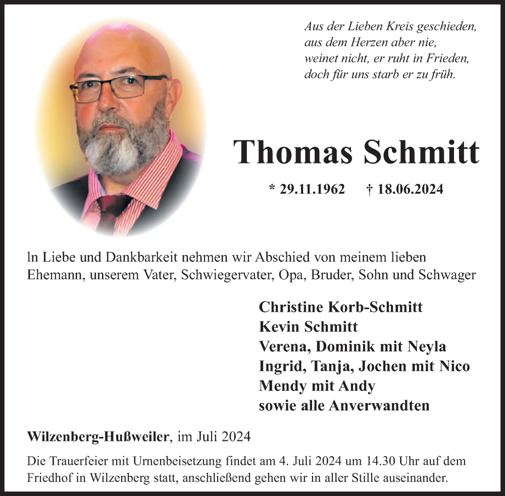  Traueranzeige für Thomas Schmitt vom 29.06.2024 aus WochenSpiegel