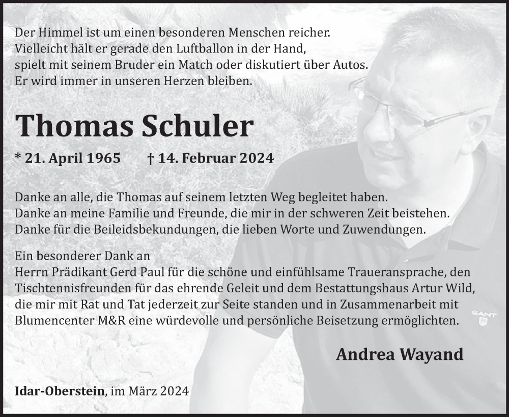  Traueranzeige für Thomas Schuler vom 30.03.2024 aus WochenSpiegel