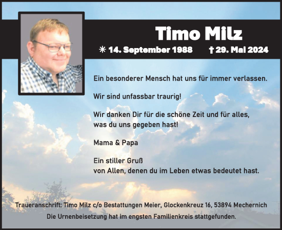 Traueranzeige von Timo Milz von WochenSpiegel