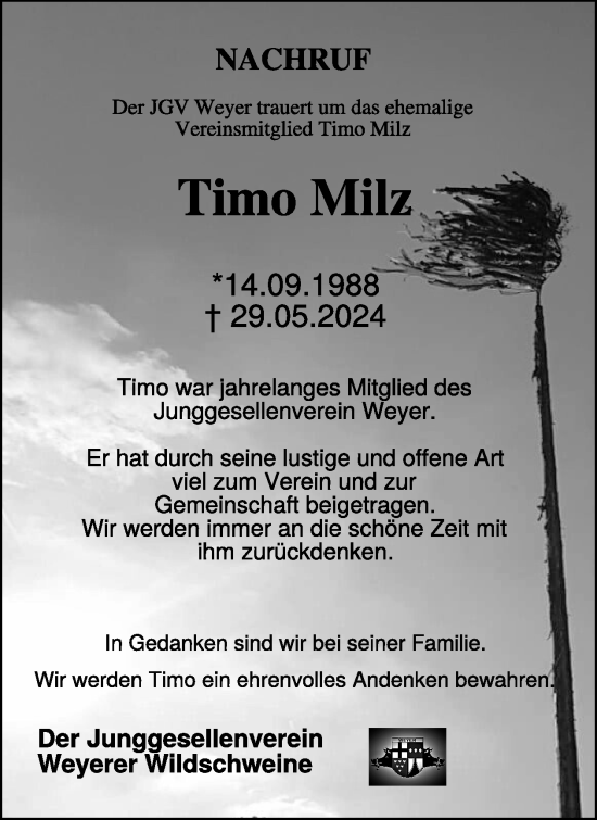 Traueranzeige von Timo Milz von WochenSpiegel