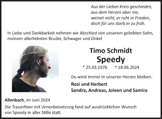 Traueranzeige von Timo Schmidt von WochenSpiegel