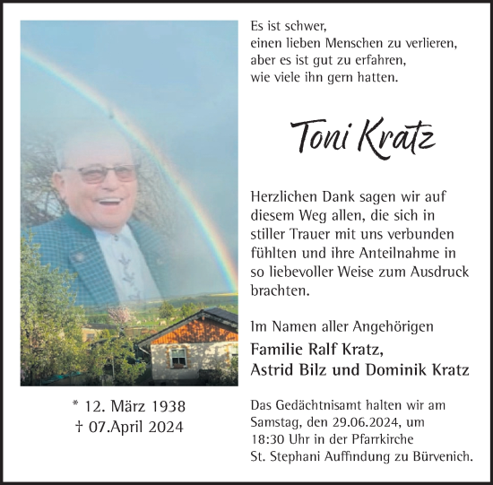 Traueranzeige von Toni Kratz von WochenSpiegel
