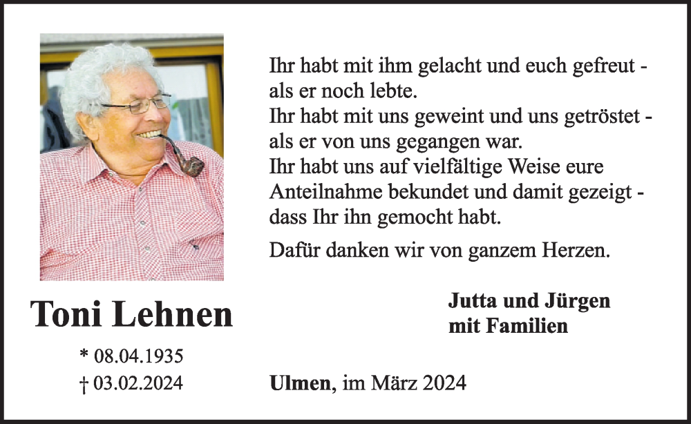  Traueranzeige für Toni Lehnen vom 20.03.2024 aus WochenSpiegel